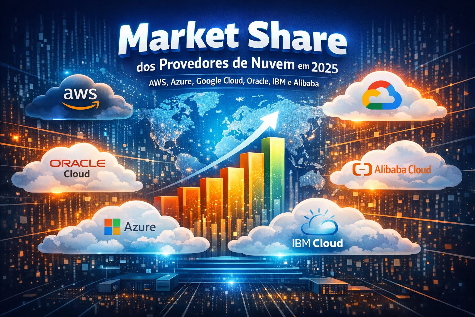 Market Share dos provedores de nuvem em 2025: AWS, Azure, Google Cloud, Oracle, IBM e Alibaba